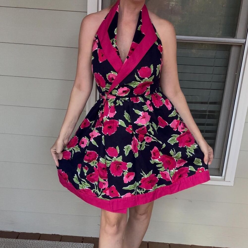 Vintage Pink Floral Halter Dress 1960s Style, Fit and Flare Size Small